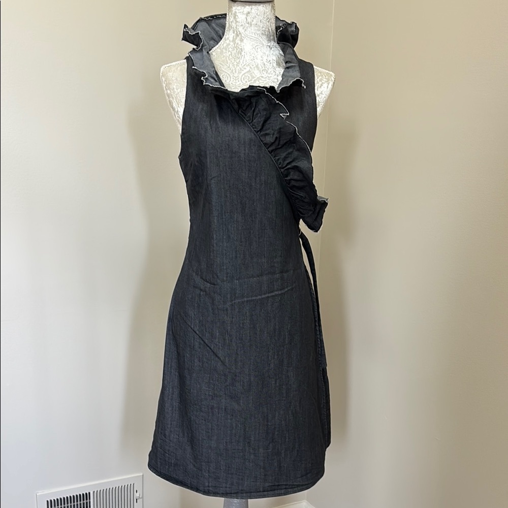 STINA SAYRE Ruffle Neck Denim Dress